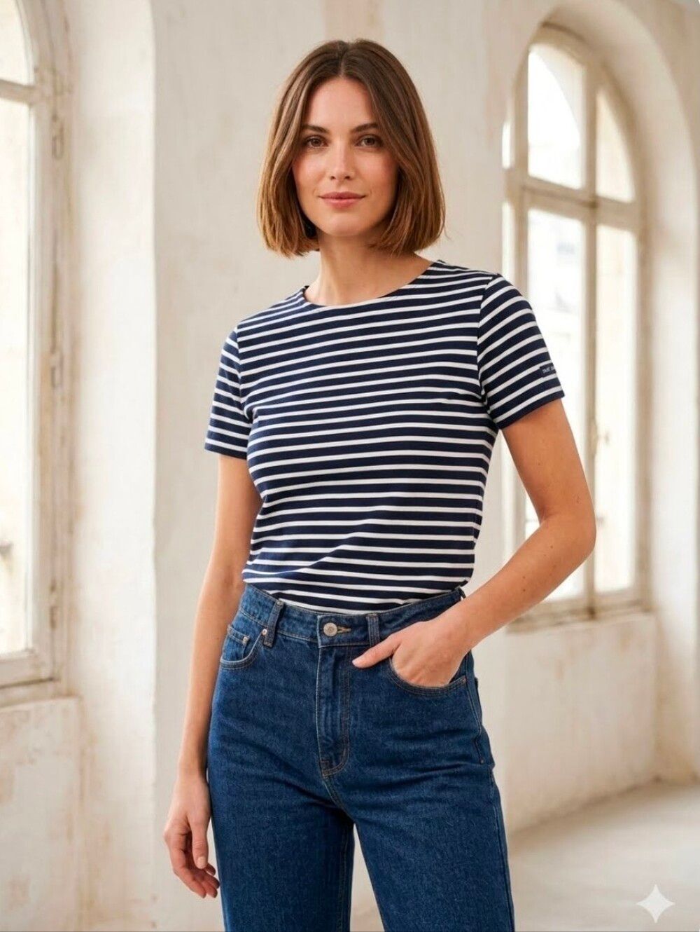 Saint James x Jenni Kayne Rue Linen Striped Top Gray Navy Logo Size 42 L France